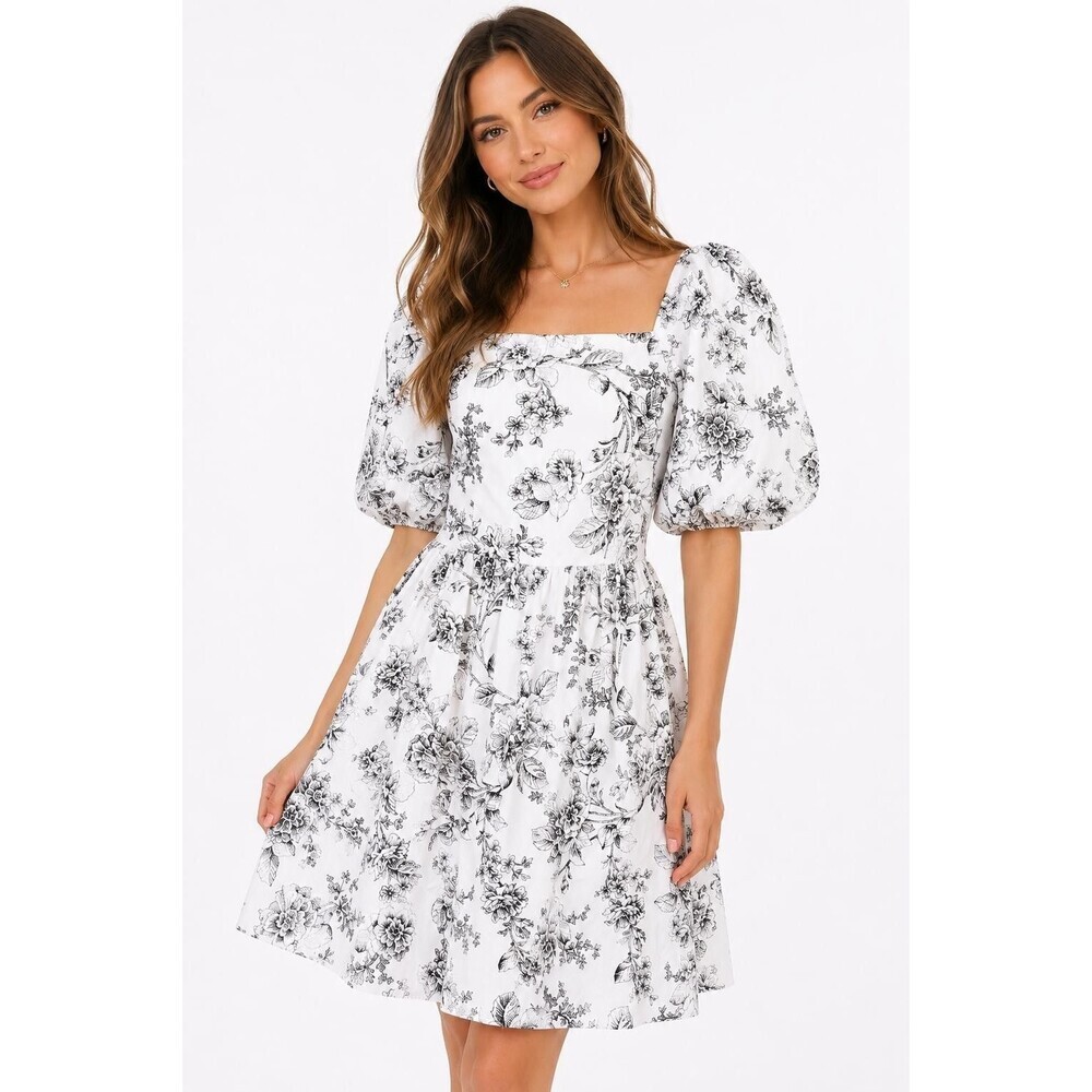 RACHEL PARCELL White Black 8 Floral Print Puff Sleeve Cottagecore Mini Dress